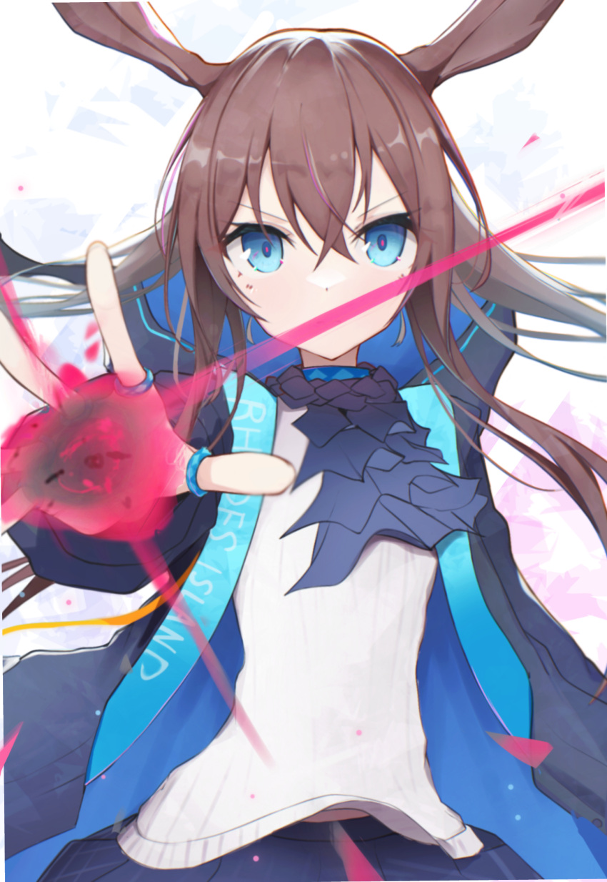 1girl amiya_(arknights) arknights arm_up ascot bangs black_jacket blue_ascot blue_eyes blue_skirt brown_hair casting clothes_writing crossed_bangs floating_hair hair_between_eyes highres hood hood_down hooded_jacket jacket jewelry looking_at_viewer matchadzuke multiple_rings open_clothes open_jacket originium_arts_(arknights) plaid plaid_skirt pleated_skirt red_pupils ring shirt simple_background skirt solo upper_body v-shaped_eyebrows white_background white_shirt