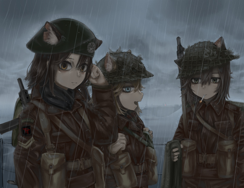 3girls animal_ears backpack bag beret black_hair blonde_hair blue_eyes british_army brodie_helmet brown_eyes cigarette clouds cloudy_sky diu9you ears_through_headwear extra_ears green_headwear gun hat helmet highres lee-enfield medium_hair military military_helmet military_uniform multiple_girls original outdoors rain rifle sky smoking submachine_gun uniform weapon weapon_on_back world_war_ii