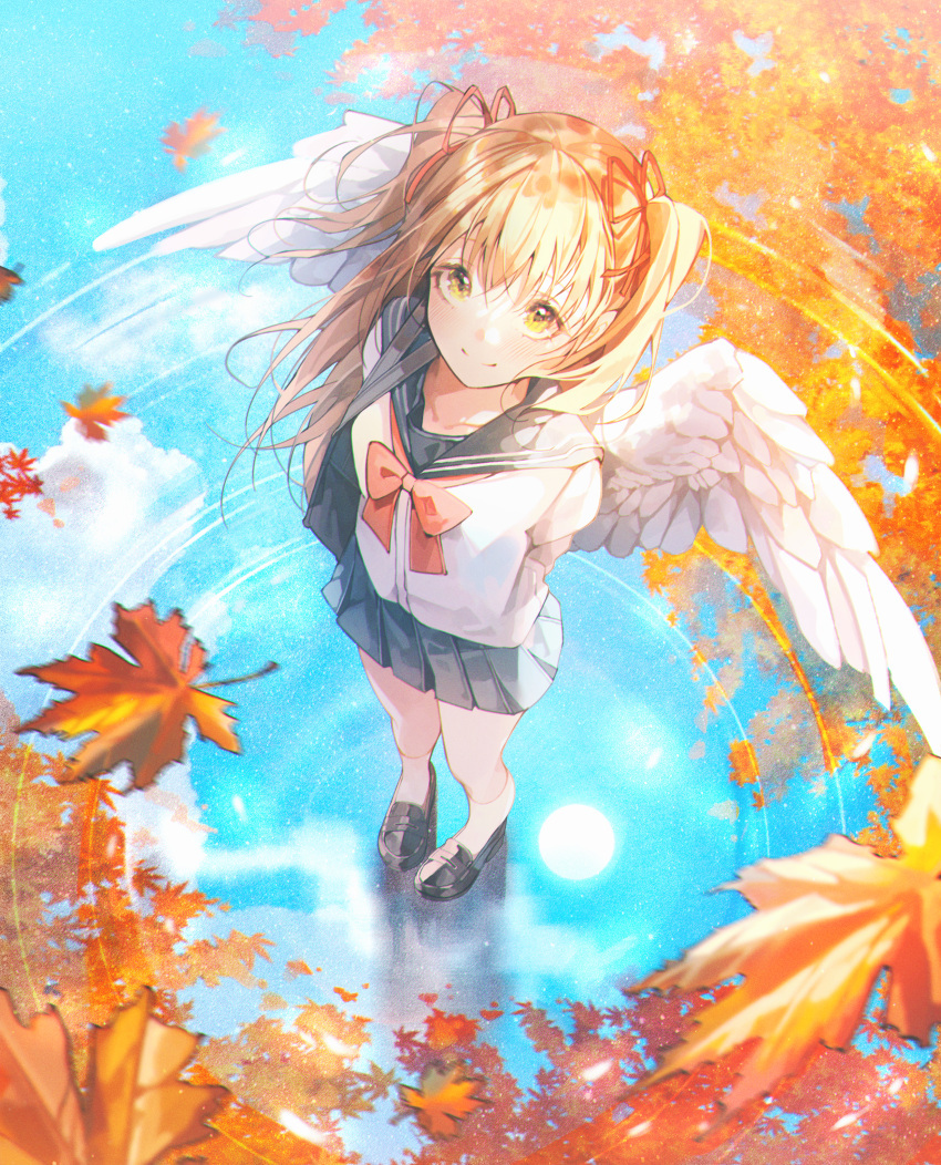 1girl absurdres arms_behind_back autumn autumn_leaves bangs black_bag black_footwear black_sailor_collar black_skirt blue_sky blush bow bowtie brown_hair carrying_bag clear_sky closed_mouth clouds collarbone day falling_leaves from_above hair_ribbon highres leaf light long_hair looking_at_viewer miniskirt moon original patch_oxxo pleated_skirt pond red_bow red_ribbon reflection reflective_water ribbon sailor_collar school_uniform serafuku shirt shoes short_sleeves skirt sky smile socks solo standing tree twintails white_shirt white_socks yellow_eyes