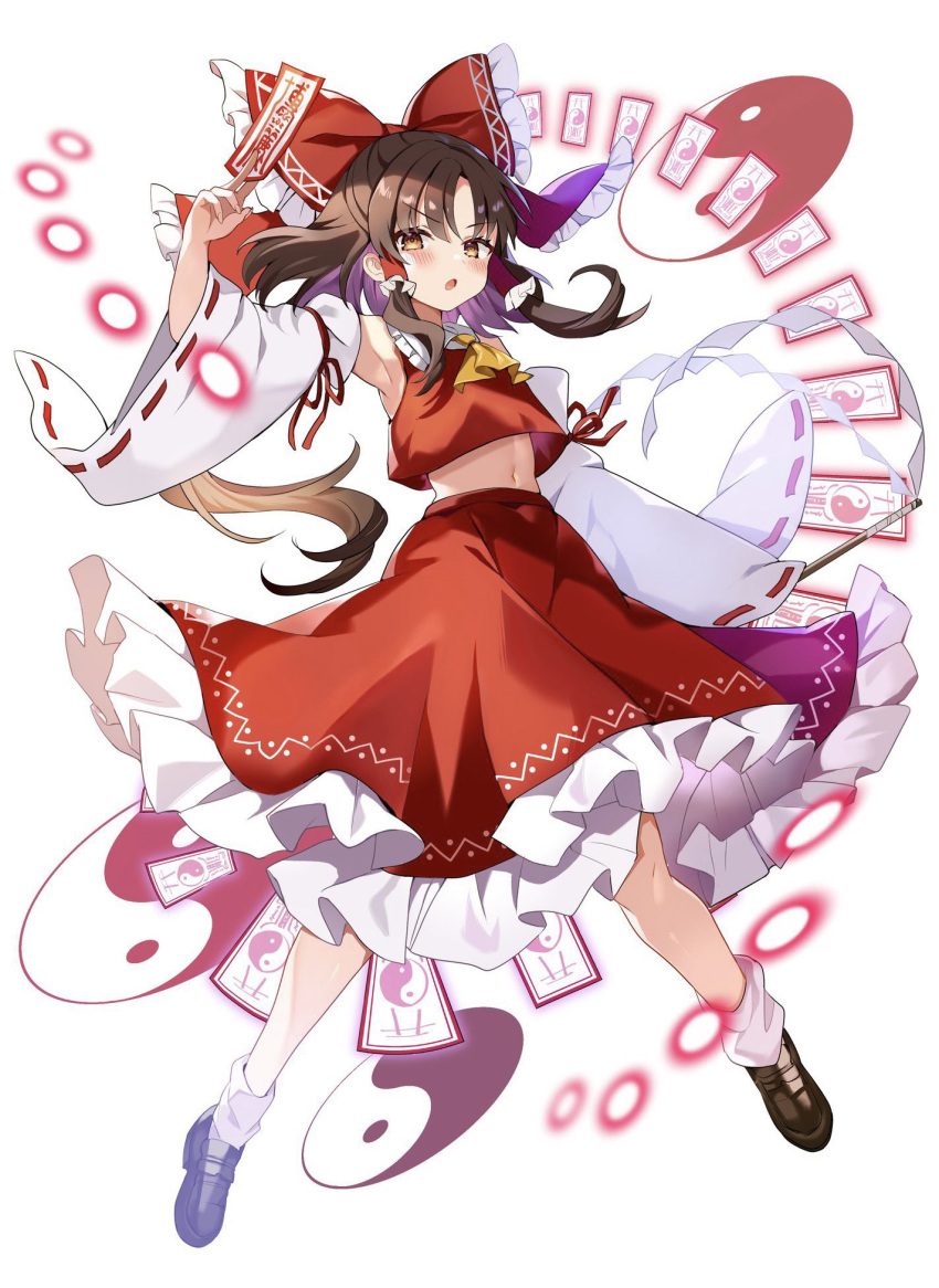 1girl bare_shoulders black_footwear blush bow brown_eyes brown_hair detached_sleeves frilled_skirt frills gohei hair_between_eyes hair_bow hair_tubes hakurei_reimu highres holding japanese_clothes long_hair nontraditional_miko ofuda open_mouth orb red_bow red_skirt ribbon-trimmed_sleeves ribbon_trim satoupote shoes sidelocks simple_background skirt socks solo touhou white_background white_sleeves white_socks wide_sleeves yin_yang yin_yang_orb