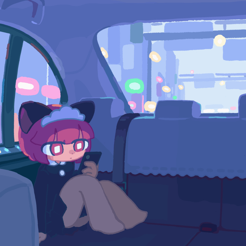 1girl animal_ears animated animated_gif arm_support bangs blunt_bangs bright_pupils car_interior cat_ears cat_girl cellphone highres holding holding_phone long_sleeves looking_away original phone red_eyes redhead short_hair sitting smartphone solo toyoi_yuuta white_pupils