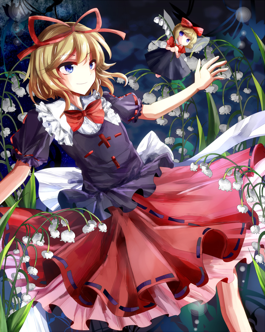 2girls black_shirt black_skirt blonde_hair blue_eyes bow commentary_request doll fairy_wings flower frilled_shirt frilled_shirt_collar frills gu_hu hair_bow hair_ribbon highres holding holding_flower leaf lily_of_the_valley medicine_melancholy multiple_girls plant puffy_short_sleeves puffy_sleeves red_bow red_ribbon red_shirt red_skirt ribbon shirt short_hair short_sleeves skirt smile su-san touhou white_bow white_flower wings