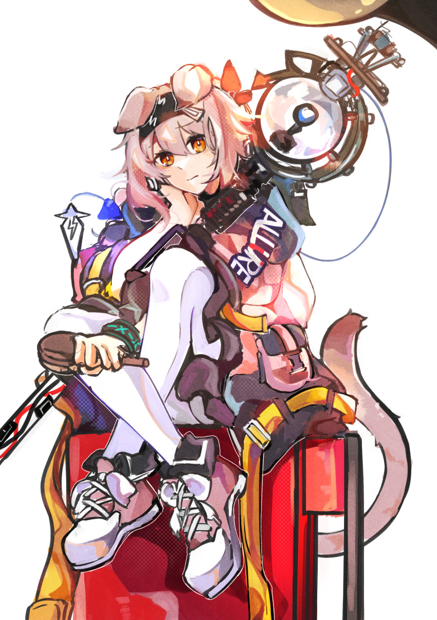 1girl absurdres animal_ears arknights black_collar black_hairband blue_jacket bright_pupils cat_ears cat_girl cat_tail cheschorv clothes_writing collar full_body goldenglow_(arknights) hair_between_eyes hair_ornament hairband hairclip hand_up head_rest highres holding holding_brush holding_staff infection_monitor_(arknights) jacket lightning_bolt_print long_sleeves looking_at_viewer multicolored_clothes multicolored_jacket orange_eyes pantyhose pink_footwear pink_hair pink_jacket print_hairband shoes simple_background sitting solo staff tail two-tone_jacket white_background white_pantyhose white_pupils