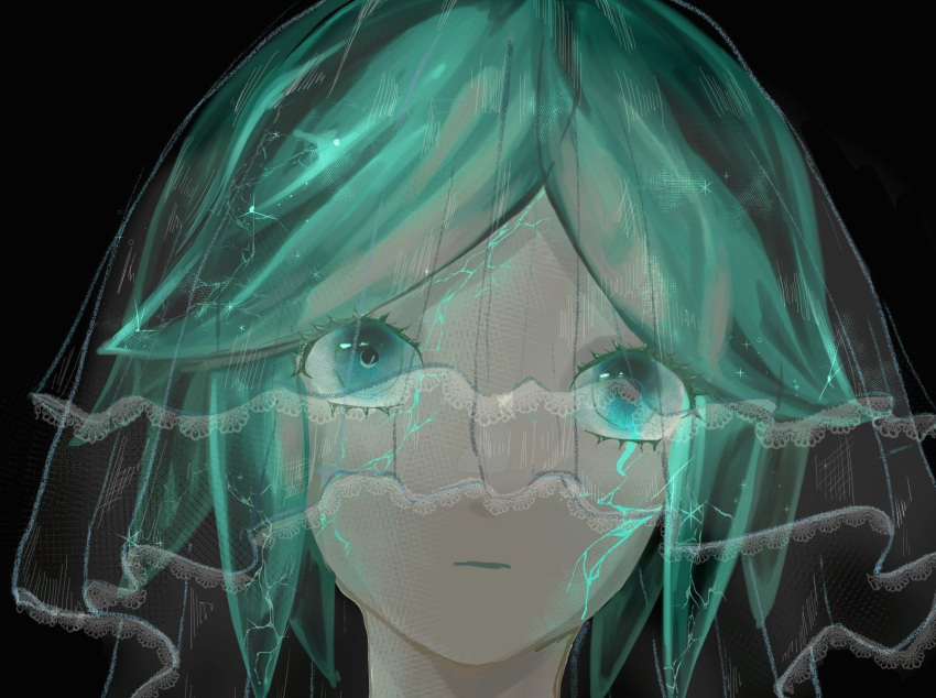 1other aqua_eyes aqua_hair bangs black_background blue_eyes close-up closed_mouth colored_eyelashes cracked_skin crystal_hair eyelashes highres houseki_no_kuni lace-trimmed_headwear lace_trim looking_at_viewer other_focus phosphophyllite portrait see-through short_hair simple_background solo umino_mozuku veil