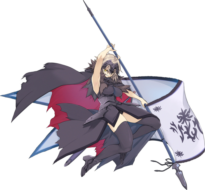 10mo 1girl ahoge armpits bare_arms blonde_hair breasts cape chain fate/grand_order fate_(series) fur_trim headpiece highres jeanne_d'arc_alter_(fate) jumping large_breasts looking_at_viewer short_hair smirk solo standard_bearer thigh-highs torn_clothes white_background yellow_eyes zettai_ryouiki