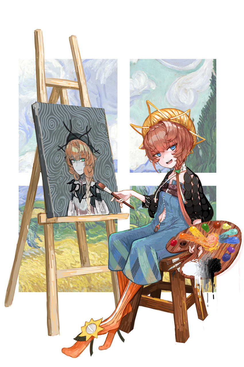 1girl absurdres blue_eyes braid brown_hair discat fate/grand_order fate_(series) hat highres holding holding_paintbrush paintbrush painting_(action) painting_(object) palette_(object) sitting stool van_gogh_(fate) zipper