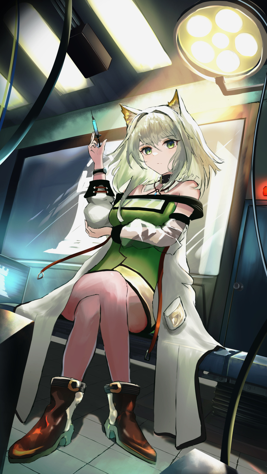 1girl absurdres animal_ear_fluff animal_ears arknights boots brown_footwear cable cat_ears ceiling_light closed_mouth coat collar commentary crossed_legs dress expressionless full_body green_dress green_eyes high_heel_boots high_heels highres holding holding_syringe kal'tsit_(arknights) long_sleeves looking_at_viewer medium_hair open_clothes open_coat pocket rhodes_island_logo sitting solo syringe wanko0304 watch watch white_coat white_collar white_hair window
