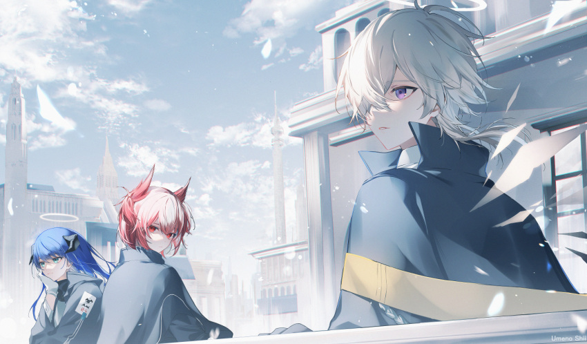 1boy 2girls animal_ears architecture arknights bird_ears black_jacket blue_hair blue_sky building cathedral day demon_horns enforcer_(arknights) fiammetta_(arknights) gloves grey_hair hair_over_one_eye halo head_rest horns jacket long_hair looking_at_viewer looking_back mostima_(arknights) multiple_girls outdoors parted_lips red_eyes redhead short_hair sky umeno_shii violet_eyes white_gloves
