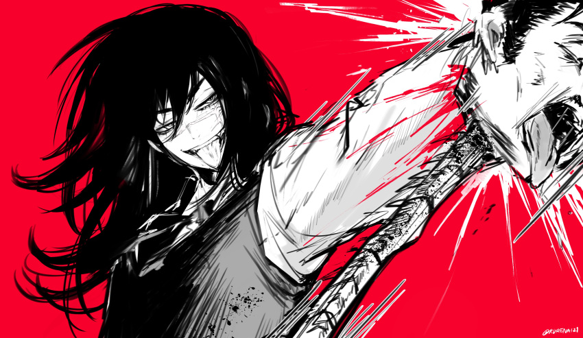 1boy 1girl absurdres black_hair black_ribbon chainsaw_man cross_scar dress greyscale highres holding holding_weapon kurenaiz1 limited_palette long_hair looking_at_another messy_hair mitaka_asa monochrome pinafore_dress red_background ribbon scar scar_on_cheek scar_on_face severed_head short_hair simple_background solo_focus spot_color tanaka_(chainsaw_man) tongue tongue_out weapon yoru_(chainsaw_man)