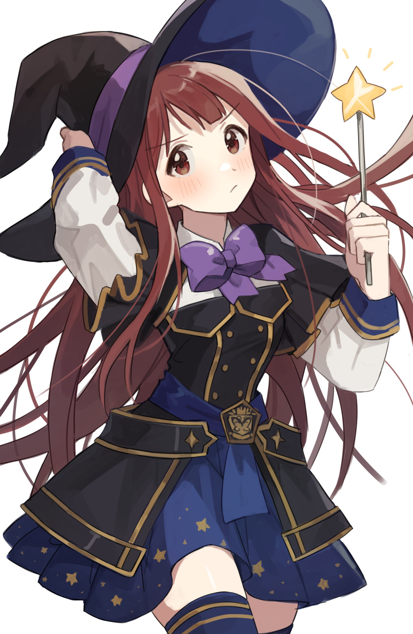 1girl absurdres bangs black_dress black_headwear blue_skirt blue_thighhighs blunt_ends blush bow bowtie brown_eyes brown_hair commentary_request dress gold_trim hano9789 hat hat_ribbon highres holding holding_wand idolmaster idolmaster_million_live! korean_commentary long_hair looking_at_viewer pout purple_bow purple_bowtie purple_ribbon ribbon skirt solo star_wand tanaka_kotoha thigh-highs upper_body wand white_sleeves witch_hat
