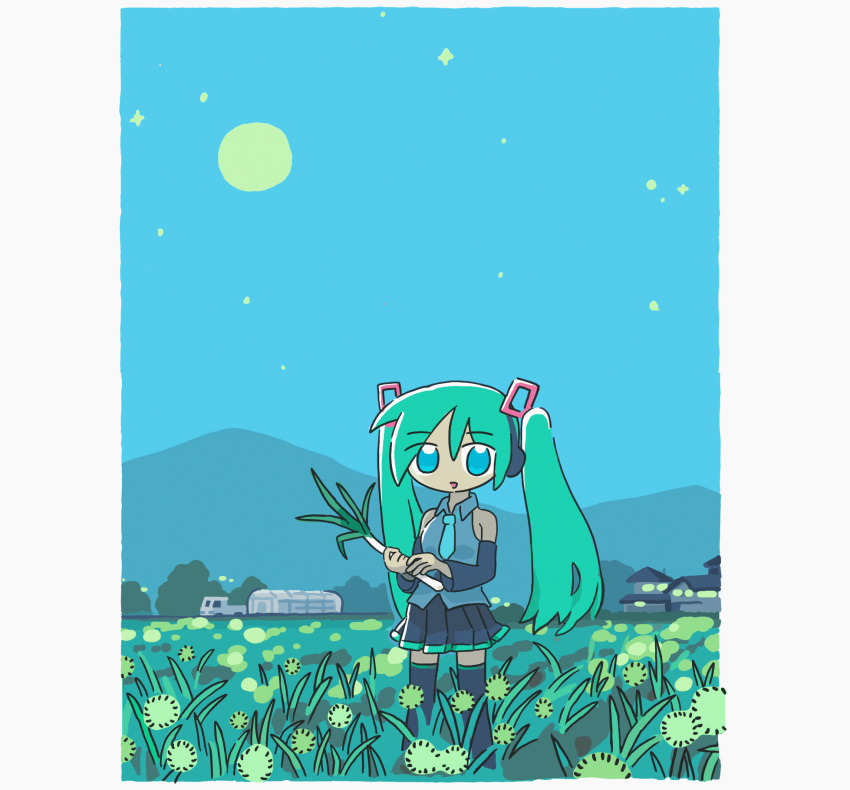 1girl animated animated_gif black_skirt black_thighhighs blue_eyes blue_hair blue_necktie detached_sleeves food hatsune_miku highres holding holding_food holding_spring_onion holding_vegetable long_hair mountainous_horizon necktie night night_sky outdoors parted_lips pleated_skirt skirt sky smile solo spring_onion star_(sky) starry_sky thigh-highs toyoi_yuuta twintails vegetable vocaloid