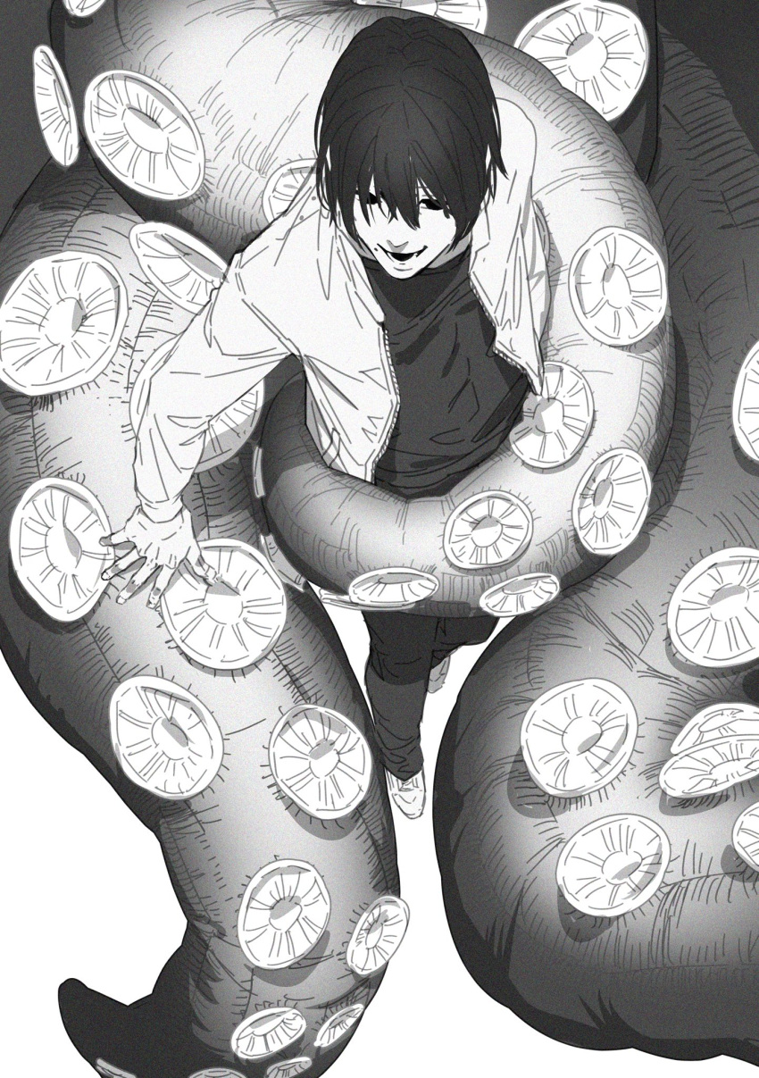 1boy bangs black_hair black_pants black_shirt chainsaw_man greyscale hair_over_eyes highres jacket looking_afar mole mole_under_mouth monochrome octopus octopus_devil_(chainsaw_man) open_mouth pants shirt short_hair simple_background smile solo take_bayashi_3d tentacles white_background white_jacket yoshida_hirofumi