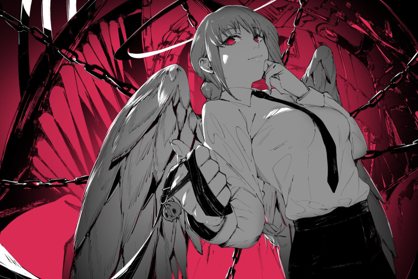 1girl angel_wings black_necktie black_pants braid braided_ponytail breasts chain chainsaw_devil chainsaw_man collared_shirt erotipop feathered_wings grey_hair halo highres holding holding_leash leash long_hair looking_at_viewer makima_(chainsaw_man) medium_breasts monochrome necktie pants pochita_(chainsaw_man) red_background red_eyes ringed_eyes sharp_teeth shirt sidelocks solo_focus spot_color teeth white_shirt wings