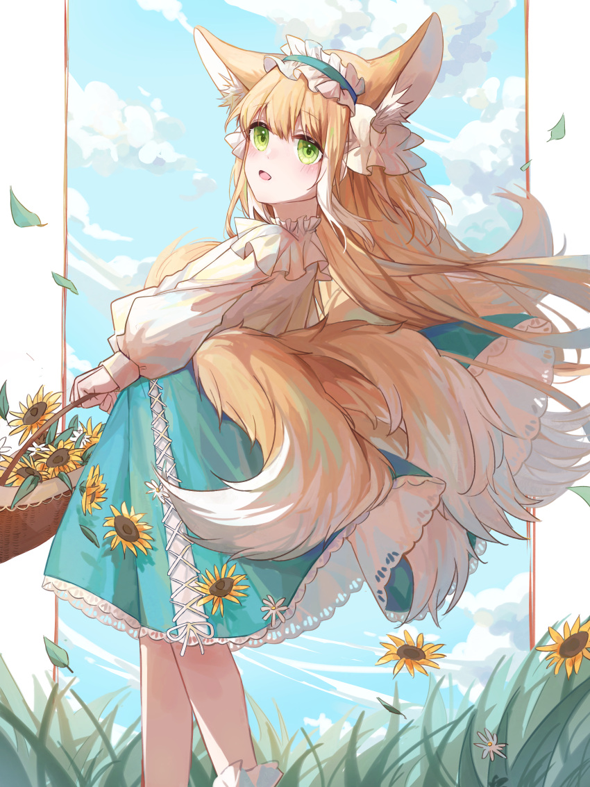 1girl absurdres animal_ear_fluff animal_ears arknights basket blonde_hair blue_hairband blue_skirt blue_sky blush clouds day feet_out_of_frame flower fox_ears fox_girl fox_tail frilled_hairband frills from_side green_eyes hairband highres holding holding_basket jacket kitsune lan_su long_hair long_sleeves looking_away looking_to_the_side multicolored_hair puffy_long_sleeves puffy_sleeves skirt sky solo standing suzuran_(arknights) suzuran_(spring_praise)_(arknights) tail two-tone_hair very_long_hair white_flower white_hair white_jacket yellow_flower