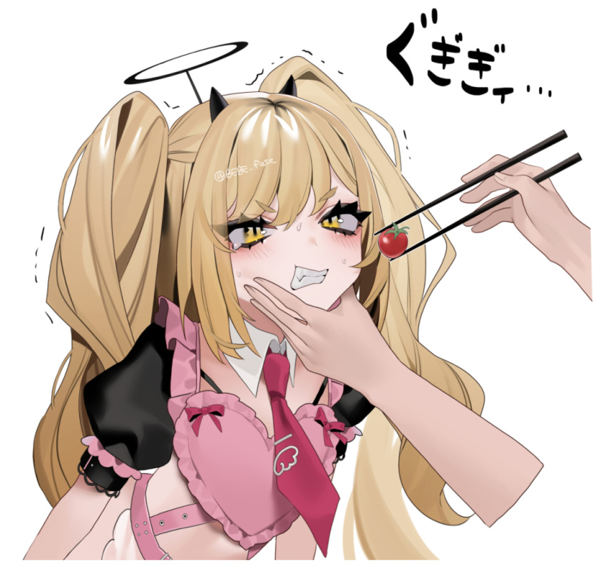 1girl 1other angry artist_name bangs bebe_(bebe_pp) black_horns blonde_hair blush chopsticks clenched_teeth detached_collar fake_halo fang feeding frills hand_on_another's_cheek hand_on_another's_face heart holding holding_chopsticks horns long_hair necktie original puffy_short_sleeves puffy_sleeves red_necktie shiny shiny_hair short_sleeves simple_background solo tearing_up teeth tie_clip tomato translation_request trembling twintails upper_body watermark white_background yellow_eyes