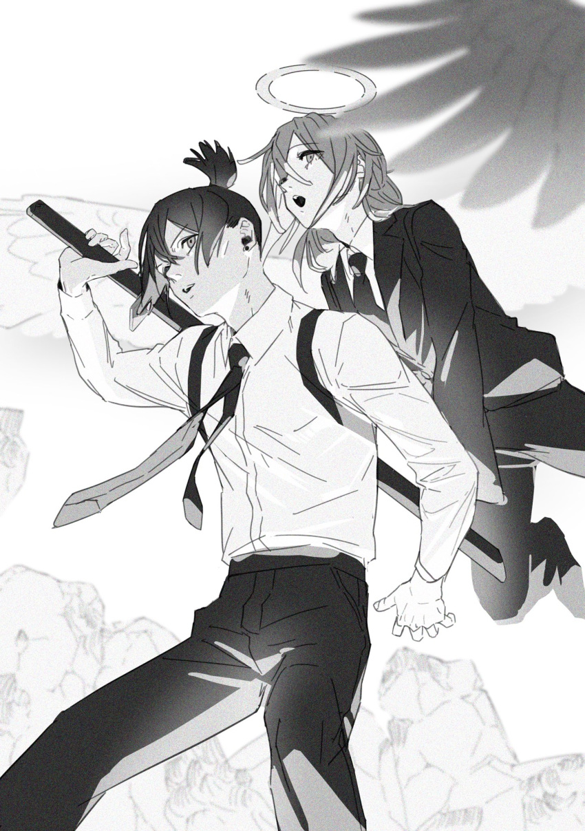 2boys angel_devil_(chainsaw_man) bangs black_hair black_jacket black_necktie black_pants chainsaw_man collared_shirt earrings fighting_stance formal grey_hair greyscale halo hayakawa_aki highres holding holding_weapon jacket jewelry katana long_hair looking_afar looking_to_the_side medium_hair monochrome multiple_boys necktie open_mouth pants shirt shirt_tucked_in sidelocks simple_background strap suit sword take_bayashi_3d topknot weapon weapon_on_back white_background white_shirt white_wings wings