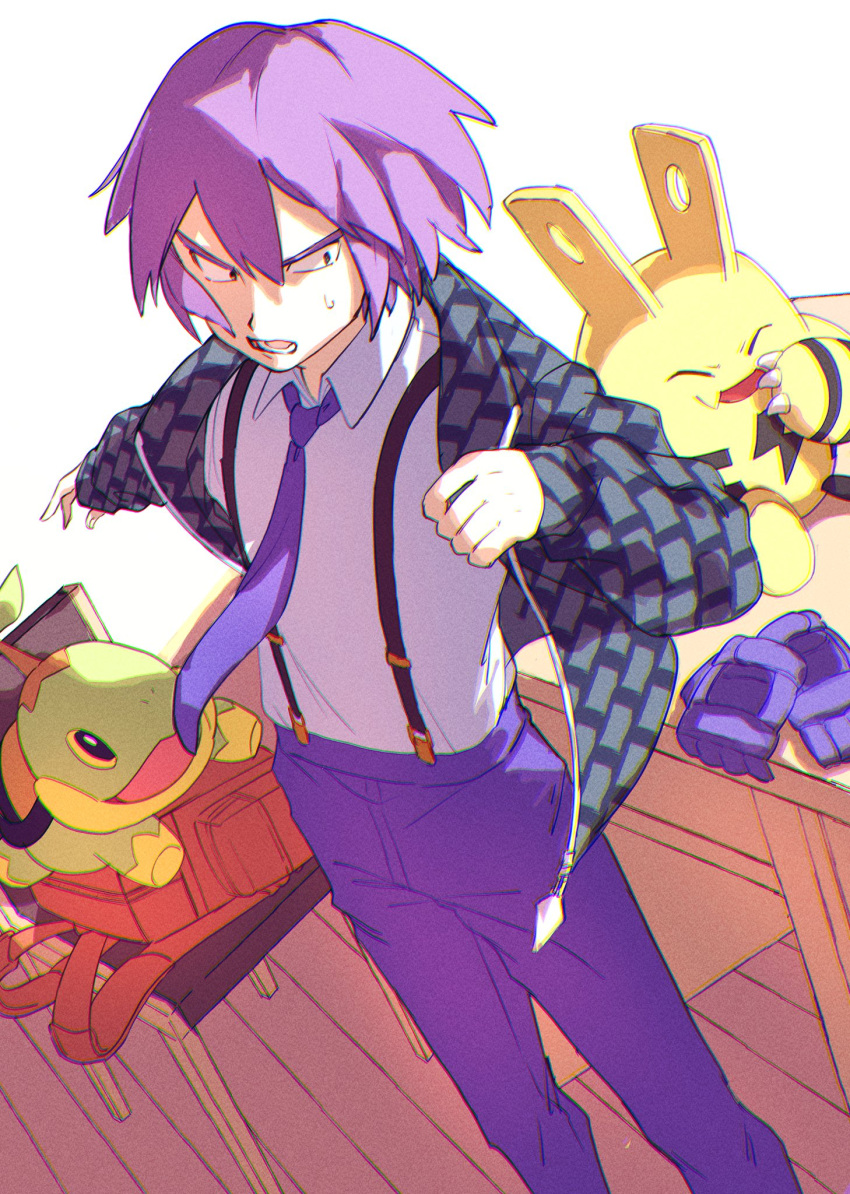 1boy alternate_costume bag_removed bangs black_eyes chair collared_shirt commentary_request dressing elekid gloves gloves_removed highres jacket lower_teeth male_focus necktie open_clothes open_jacket open_mouth pants paul_(pokemon) pokemon pokemon_(anime) pokemon_(creature) pokemon_dppt_(anime) purple_hair purple_necktie purple_pants shirt short_hair smrs_ss sweatdrop table teeth turtwig