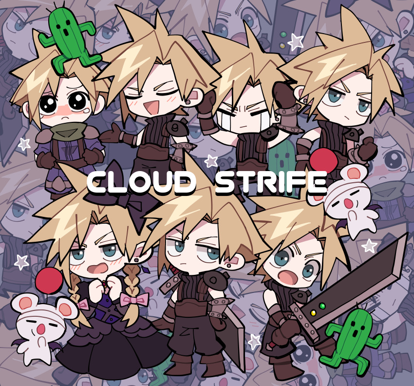 1boy absurdres armor baggy_pants bangs belt black_bow blonde_hair blue_shirt blush boots bow braid brown_footwear buster_sword character_name chibi clenched_hand closed_eyes cloud_strife crossdressing earrings final_fantasy final_fantasy_vii final_fantasy_vii_remake full_body gloves green_scarf hair_bow highres holding holding_sword holding_weapon jewelry looking_to_the_side male_focus materia moogle multiple_views official_alternate_costume open_mouth pants parted_bangs sabotender scarf shirt short_hair shoulder_armor single_earring sleeveless sleeveless_turtleneck smile spiky_hair suspenders sword tears ttnoooo turtleneck twin_braids variations weapon