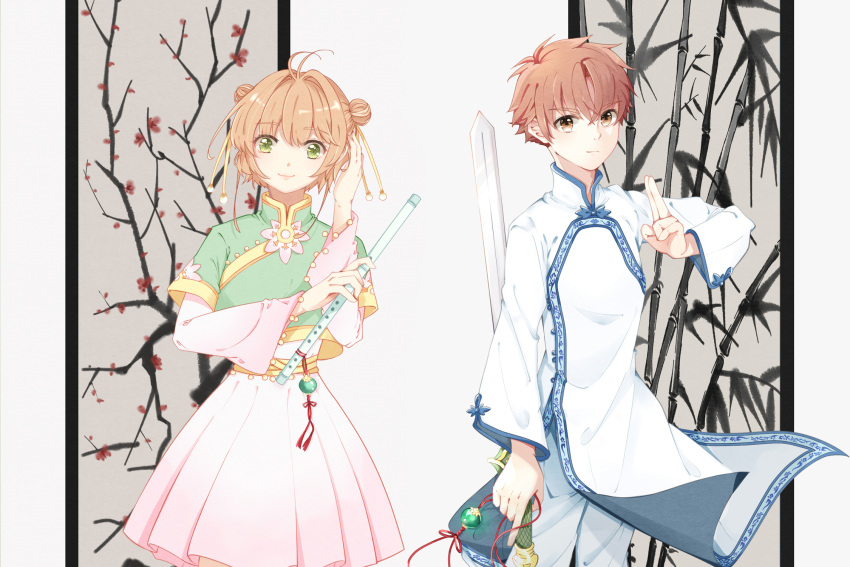 1boy 1girl antenna_hair arm_at_side bamboo bangs beads branch brown_eyes brown_hair cardcaptor_sakura chinese_clothes closed_mouth cowboy_shot cropped_jacket double_bun dress floating_clothes flower flute green_eyes green_jacket hair_bun hand_on_own_head hand_up hanging_scroll highres holding holding_instrument holding_sword holding_weapon ink_wash_painting instrument jacket jade_(gemstone) kinomoto_sakura layered_sleeves li_xiaolang long_sleeves longpao looking_at_viewer painting_(object) pants pink_dress pleated_dress red_flower reverse_grip robe sash scroll short_dress short_hair short_over_long_sleeves short_sleeves smile sword weapon white_background white_pants white_robe wide_sleeves ying_weiyu