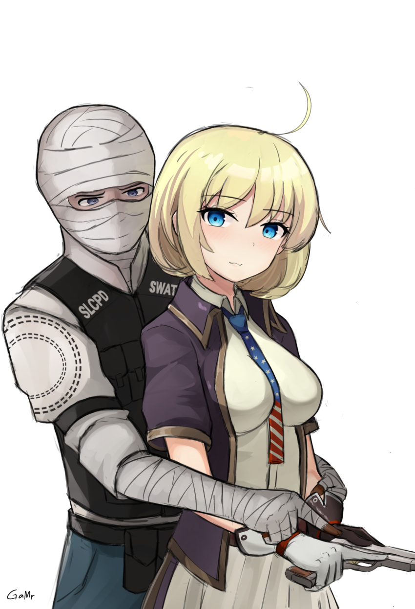 1boy 1girl absurdres american_flag american_flag_print bandaged_arm bandaged_hand bandaged_head bandages blonde_hair blue_eyes bulletproof_vest crossover fallout_(series) fallout_new_vegas flag_print gamryous girls_frontline gloves gun handgun highres holding holding_gun holding_weapon joshua_graham m1911 m1911_(girls'_frontline) necktie print_necktie shirt short_hair weapon white_gloves white_shirt