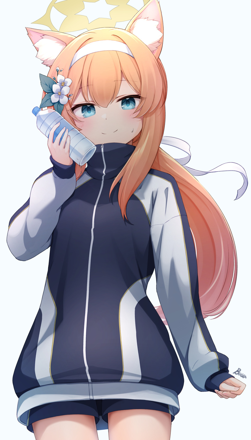 1girl absurdres animal_ear_fluff animal_ears artist_name basa_rutan blue_archive blue_background blue_eyes bottle closed_mouth flower hair_flower hair_ornament hairband halo highres holding holding_bottle jacket long_hair long_sleeves looking_at_viewer mari_(blue_archive) mari_(gym_uniform)_(blue_archive) official_alternate_costume orange_hair simple_background smile solo track_jacket water_bottle white_hairband
