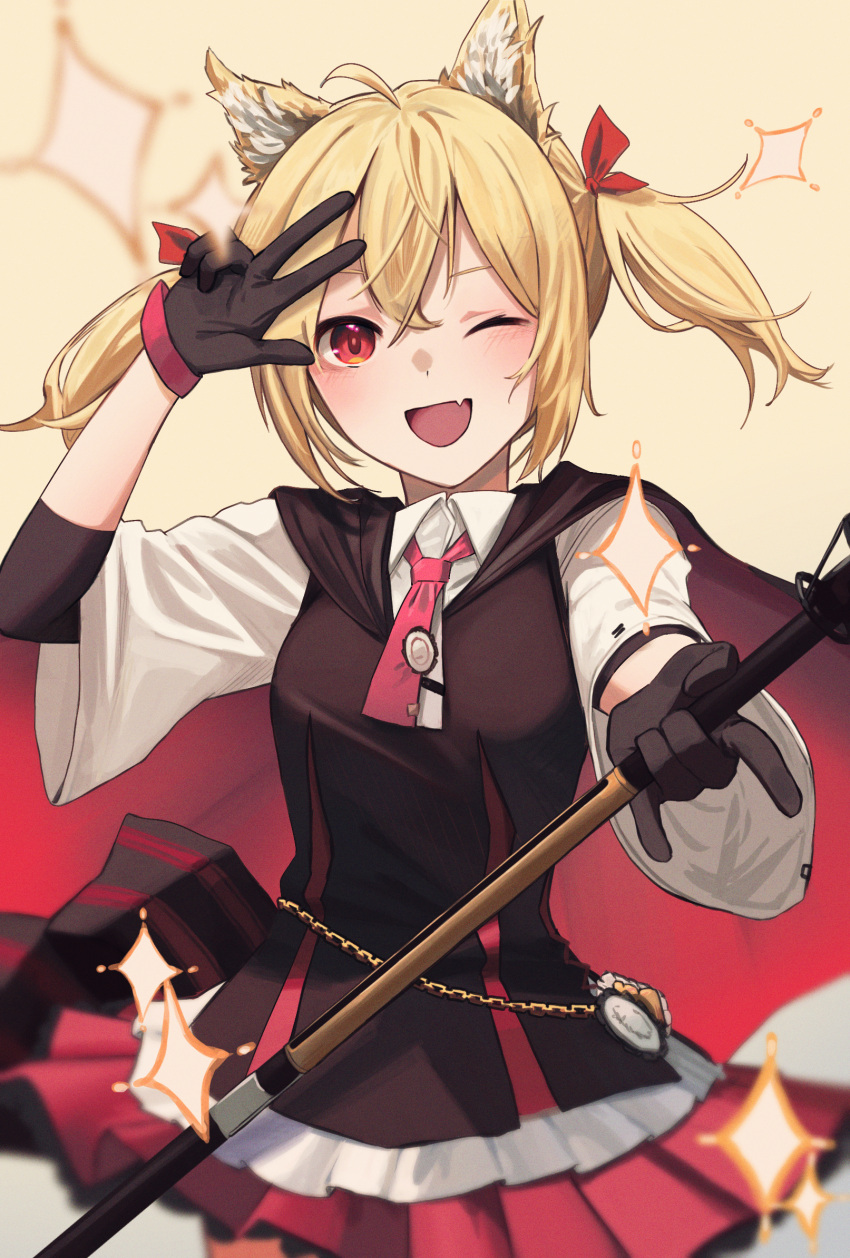 1girl ;d ahoge animal_ear_fluff animal_ears arknights black_cape black_gloves black_vest blonde_hair blush cape collared_shirt commentary cowboy_shot fang gloves highres holding looking_at_viewer miniskirt one_eye_closed open_mouth pleated_skirt red_eyes red_skirt shirt short_hair short_twintails simple_background skin_fang skirt smile solo sora_(arknights) sparkle twintails v vest white_shirt wolf_ears yellow_background