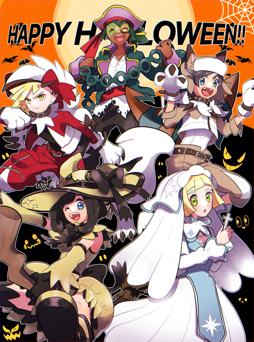 2girls 3boys :d :o ;d alternate_costume animal_hands aria_pkmn blonde_hair blue_eyes broom broom_riding closed_eyes collar commentary dark-skinned_male dark_skin detached_sleeves elio_(pokemon) eyelashes eyepatch gladion_(pokemon) gloves green_eyes halloween happy_halloween hat highres holding hood hood_up leon_(pokemon) lillie_(pokemon) multiple_boys multiple_girls one_eye_closed open_mouth paw_gloves pokemon pokemon_(game) pokemon_sm purple_headwear selene_(pokemon) silhouette silk smile spider_web symbol-only_commentary teeth tongue upper_teeth yellow_headwear zubat