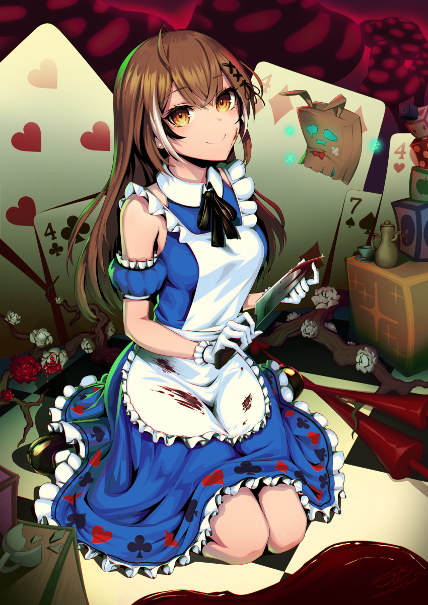 1girl ahoge alice_(alice_in_wonderland) alice_(alice_in_wonderland)_(cosplay) alice_in_wonderland alternate_costume apple apron bangs black_ribbon blood blood_on_clothes blood_on_knife blue_dress box branch broken_cup brown_eyes brown_hair card checkered_floor club_(shape) cosplay cup diamond_(shape) dice dress earrings flower food friend_(nanashi_mumei) fruit gloves hair_down hair_ornament hairclip heart highres hololive hololive_english jewelry knife long_hair looking_at_viewer mary_janes multicolored_hair nanashi_mumei omniformblue playing_card polearm ribbon rose runes shoes smile spade_(shape) streaked_hair teacup teapot very_long_hair virtual_youtuber weapon white_flower white_gloves white_rose