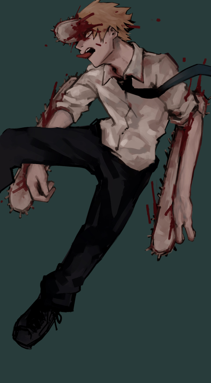 1boy black_necktie black_pants blonde_hair blood blood_on_clothes blood_on_face blood_splatter chainsaw chainsaw_man collared_shirt denji_(chainsaw_man) green_background highres hybrid looking_to_the_side nakano_(2_mannaka) necktie open_mouth pants sharp_teeth shirt short_hair simple_background sleeves_rolled_up solo teeth tongue tongue_out white_shirt