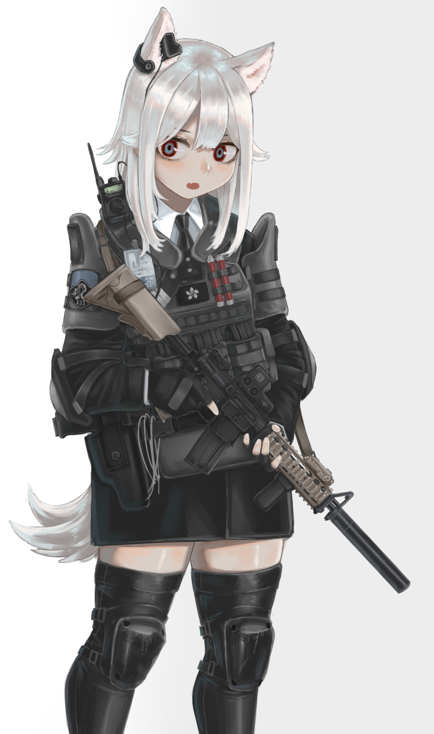 1girl absurdres animal_ears assault_rifle black_gloves black_skirt black_thighhighs bulletproof_vest diu9you earpiece extra_ears fang fingerless_gloves gloves gun handgun highres holding holding_gun holding_weapon holster holstered_weapon knee_pads long_hair long_sleeves miniskirt open_mouth original rifle scope skin_fang skirt solo standing suppressor tactical_clothes tail thigh-highs weapon white_hair