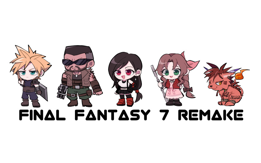 2girls :3 absurdres aerith_gainsborough animal armor baggy_pants barret_wallace beard belt black_skirt black_thighhighs blue_eyes blue_pants blue_shirt boots breasts brown_footwear brown_vest buster_sword chibi cloud_strife crop_top dog_tags dress earrings elbow_gloves facial_hair facial_mark feather_hair_ornament feathers final_fantasy final_fantasy_vii final_fantasy_vii_remake flame-tipped_tail full_body gloves green_eyes green_pants hair_ornament hair_ribbon hand_on_hip highres holding holding_staff jacket jewelry long_dress long_hair low-tied_long_hair midriff multiple_boys multiple_girls open_mouth orange_eyes orange_fur pants pink_dress pink_ribbon red_eyes red_footwear red_jacket red_xiii redhead ribbon scar scar_across_eye scar_on_cheek scar_on_face shirt short_hair short_sleeves shoulder_armor skirt sleeveless sleeveless_shirt smile spiky_hair staff sunglasses suspenders thigh-highs tifa_lockhart torn_clothes torn_sleeves ttnoooo very_short_hair vest weapon weapon_on_back white_background white_shirt