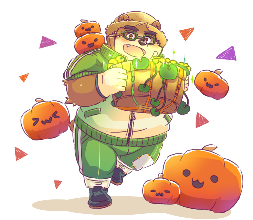 &gt;w&lt; 1boy :3 animal_ears bandaid bandaid_on_face basket bear_boy bear_ears blush commentary_request fang fang_out full_body furry furry_male glasses gloves green-framed_eyewear green_pants hat highres holding holding_basket jack-o'-lantern jacket male_focus natamaru open_mouth pants plump pumpkin simple_background smile solo straw_hat thick_eyebrows tokyo_afterschool_summoners triangle volos_(housamo) white_background white_gloves