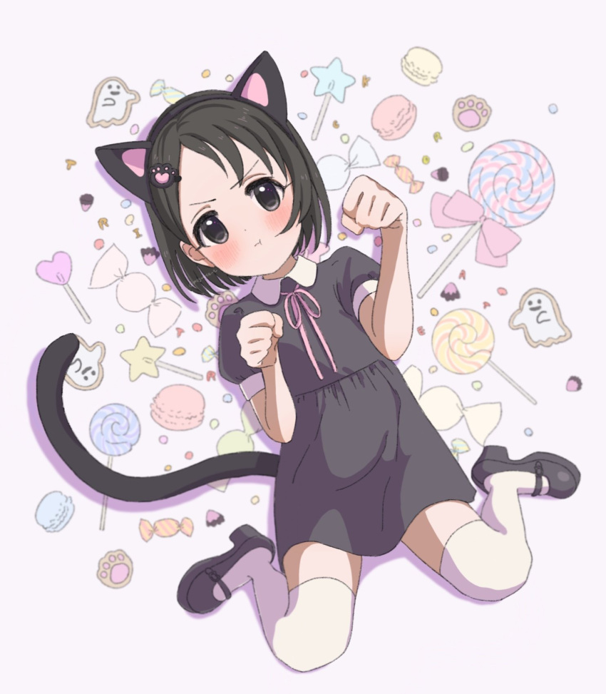 1girl animal_ears bangs black_dress black_eyes black_footwear black_hair blush bow bowtie candy cat_ears cat_tail clenched_hands collar commentary cookie dot_nose dress fake_animal_ears fake_tail female_child flat_chest food full_body ghost hair_ornament hairclip halloween hands_up highres idolmaster idolmaster_cinderella_girls legs lollipop looking_at_viewer macaron mary_janes megabee_e paw_hair_ornament paw_pose pink_background pink_bow pink_bowtie pout puffy_short_sleeves puffy_sleeves sasaki_chie shoes short_hair short_sleeves sitting solo tail thigh-highs thighs v-shaped_eyebrows wariza white_collar white_thighhighs