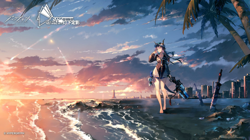 1girl ambience_synesthesia arknights bare_legs barefoot baseball_cap beach black_jacket blue-tinted_eyewear blue_hair ch'en_(arknights) ch'en_the_holungday_(arknights) city clouds cloudy_sky collarbone commentary copyright_name dragon_girl dragon_horns dragon_tail expressionless eyewear_on_headwear fanny_pack full_body gun hand_in_own_hair hat highres holding holding_gun holding_weapon horns jacket kagura_tohru lighthouse logo long_hair looking_afar ocean official_alternate_costume official_art orange_sky palm_tree planted planted_sword sidelocks sky solo sunglasses sunset sword tail tinted_eyewear tree watermark weapon white_headwear