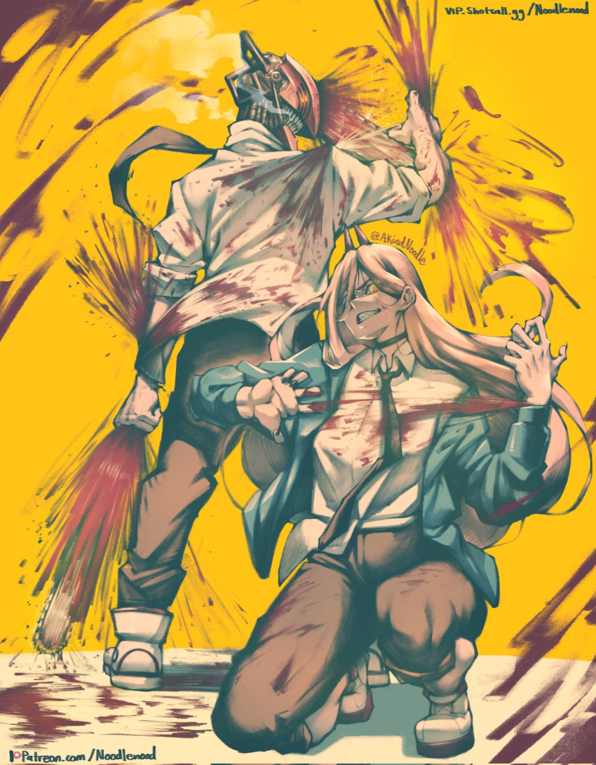 1boy 1girl akindnoodle arm_up back-to-back bangs black_necktie blood blood_on_clothes blood_splatter blood_spray blue_jacket chainsaw_man collared_shirt denji_(chainsaw_man) fingernails glowing hemokinesis highres horns hybrid jacket long_hair looking_at_viewer looking_back necktie one_knee patreon_username pink_hair power_(chainsaw_man) red_horns sharp_fingernails sharp_teeth shirt shirt_half_tucked_in simple_background sleeves_rolled_up squatting teeth twitter_username white_shirt yellow_background yellow_eyes