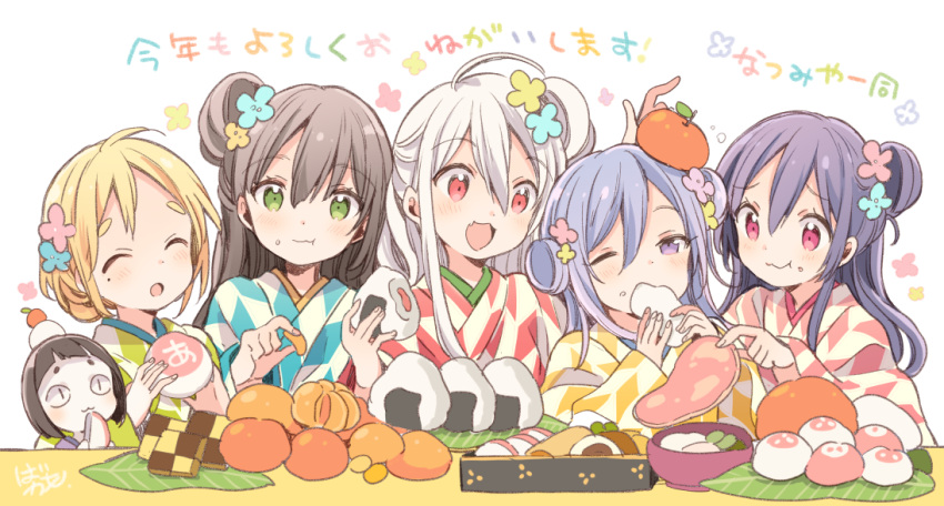 5girls :3 :d :o ahoge bangs blonde_hair blue_flower blue_hair blue_kimono blunt_bangs blush brown_hair checkerboard_cookie chiya_(urara_meirochou) closed_eyes cookie doll dot_nose double_bun eating flower food food_on_face food_on_head fruit green_eyes green_kimono hair_between_eyes hair_bun hair_flower hair_ornament harikamo holding holding_food japanese_clothes kimono long_sleeves mandarin_orange matsuko_(urara_meirochou) multiple_girls natsume_nono nijou_omi object_on_head one_eye_closed onigiri pink_eyes pink_flower pink_kimono purple_hair red_eyes red_kimono short_hair sidelocks single_side_bun sleepy smile tatsumi_kon thick_eyebrows urara_meirochou violet_eyes white_hair yellow_flower yellow_kimono yukimi_koume