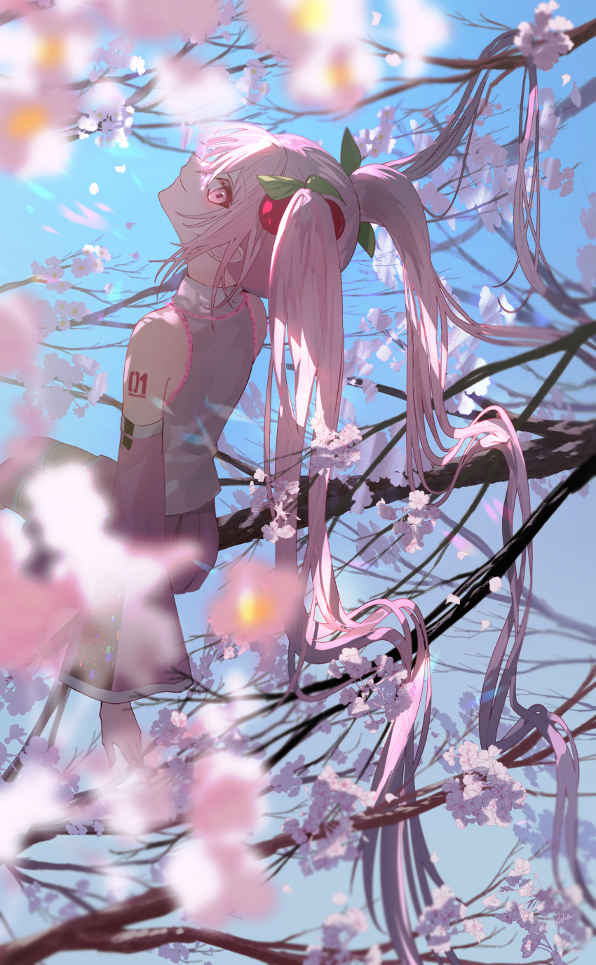 00kashian00 1girl absurdres blue_sky blurry blurry_foreground cherry_blossoms cherry_hair_ornament collared_shirt detached_sleeves food-themed_hair_ornament from_side hair_between_eyes hair_ornament hatsune_miku highres long_hair looking_at_viewer looking_to_the_side pink_eyes pink_hair pink_skirt pink_sleeves pink_thighhighs pleated_skirt sakura_miku shirt shoulder_tattoo sitting_on_branch skirt sky sleeveless sleeveless_shirt smile solo tattoo thigh-highs twintails vocaloid white_shirt wide_sleeves