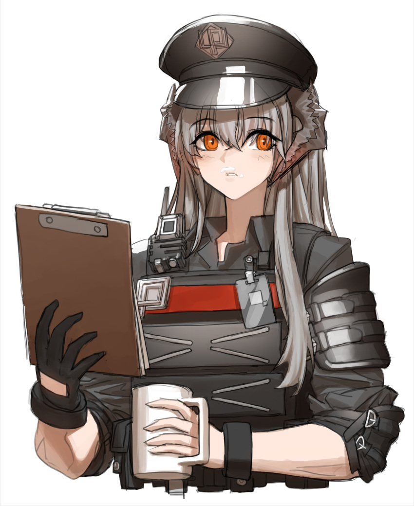 1girl arknights black_headwear bulletproof_vest cheogtanbyeong dragon_girl dragon_horns earclip gloves hat highres horns id_card official_alternate_costume orange_eyes police police_hat police_uniform saria_(arknights) saria_(the_law)_(arknights) sleeves_rolled_up solo tactical_clothes uniform upper_body walkie-talkie white_background