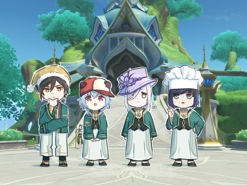 1boy 3girls alternate_costume aqua_eyes baseball_cap black_hair blue_hair blue_sky brown_eyes brown_hair chef_hat chibi commentary derivative_work ganyu_(genshin_impact) ganyu_(qilin)_(genshin_impact) genshin_impact green_eyes group_picture hair_over_one_eye hand_on_own_chin hat looking_at_viewer multiple_girls open_mouth santa_hat screencap_redraw shenhe_(genshin_impact) sky tree v white_hair xinzoruo yelan_(genshin_impact) yellow_eyes zhongli_(genshin_impact)