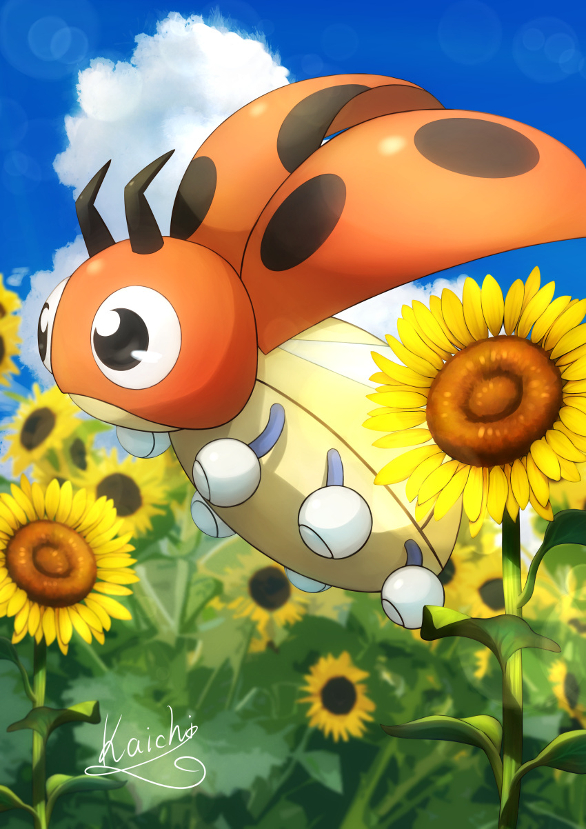 absurdres black_eyes clouds commentary_request day flower flying from_side highres kaichi_(tomiyu25) ledyba lens_flare no_humans outdoors pokemon pokemon_(creature) signature sky sunflower