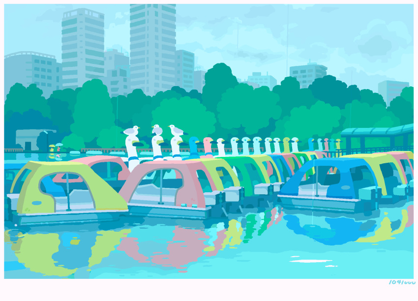 2others ambiguous_gender animated animated_gif artist_name bird boat city clouds cloudy_sky day highres holding holding_umbrella multiple_others original outdoors pond rain sky toyoi_yuuta tree umbrella watercraft