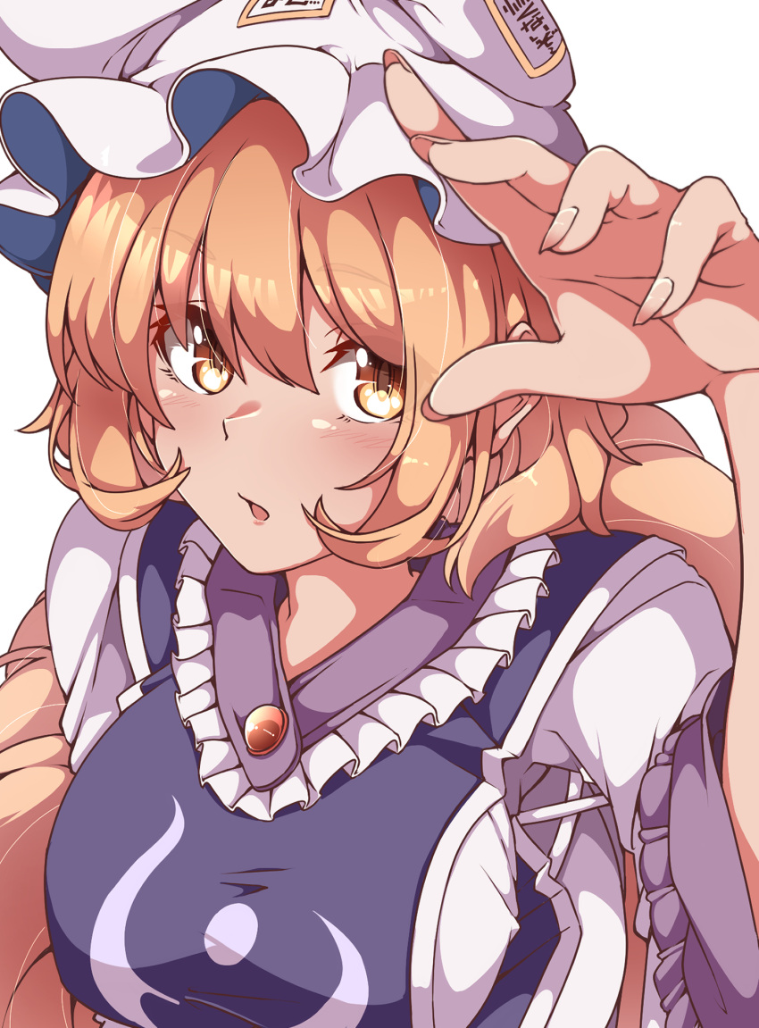 1girl animal_ears blonde_hair blush dress fox_ears fox_tail gokuu_(acoloredpencil) hat highres long_sleeves looking_at_viewer multiple_tails open_mouth pillow_hat short_hair simple_background solo tabard tail touhou upper_body white_background white_dress white_headwear wide_sleeves yakumo_ran yellow_eyes