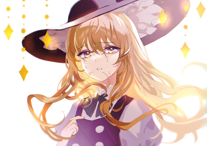 1girl absurdres black_headwear black_vest blonde_hair collared_shirt crying crying_with_eyes_open hair_between_eyes hat highres kanta_(pixiv9296614) kirisame_marisa long_hair open_mouth puffy_short_sleeves puffy_sleeves shirt short_sleeves simple_background solo tears touhou upper_body vest white_background white_shirt witch_hat yellow_eyes