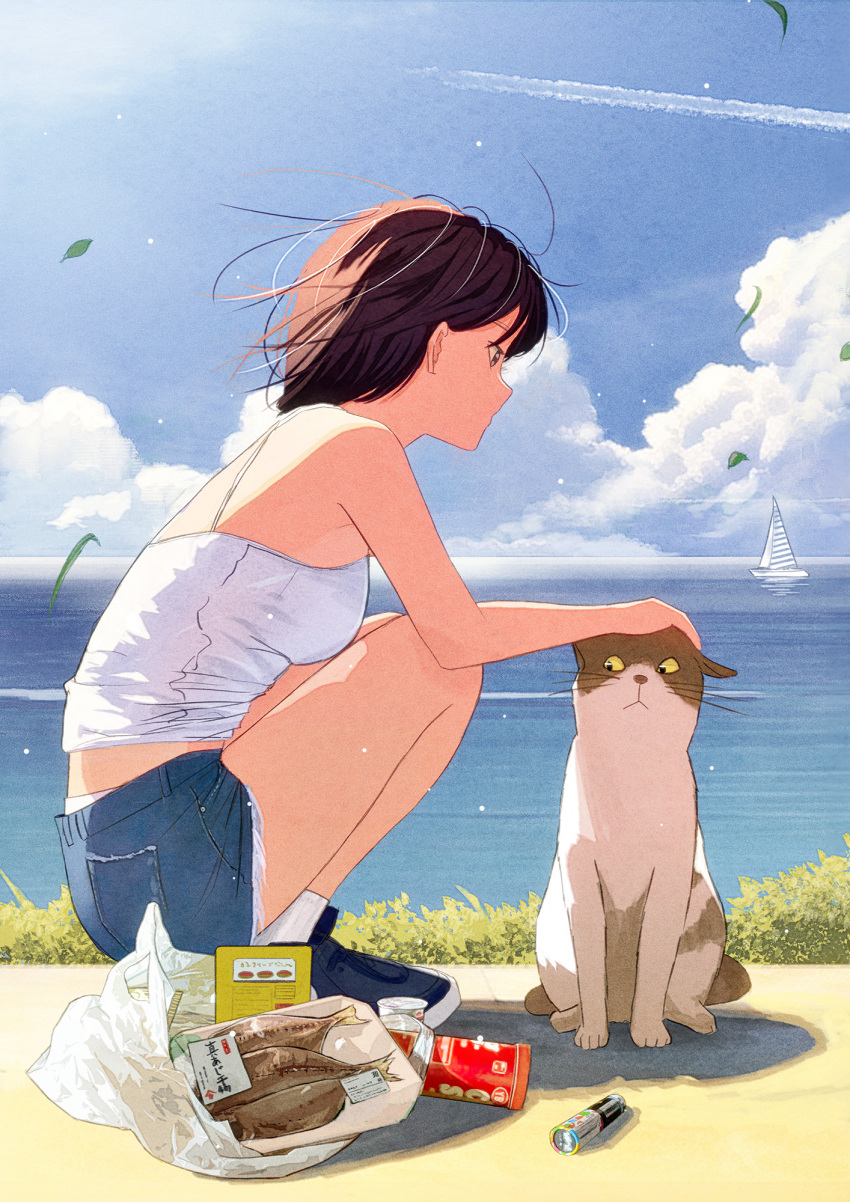 1girl ankle_socks bag boat breasts brown_hair bush camisole cat clouds commentary contrail cutoffs denim denim_shorts film_grain fish from_side groceries grocery_bag highres horizon leaf light_particles looking_to_the_side medium_breasts nakamura_yukihiro ocean original petting plastic_bag sailboat shadow shoes shopping_bag short_hair shorts sky sneakers socks solo spaghetti_strap squatting sunlight water watercraft wind