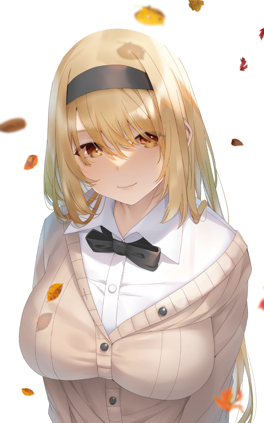 1girl absurdres autumn_leaves bangs black_bow black_bowtie black_hairband blonde_hair bow bowtie breasts brown_cardigan brown_eyes cardigan closed_mouth collared_shirt commentary_request dress_shirt hair_between_eyes hairband highres long_hair looking_at_viewer medium_breasts off_shoulder original school_uniform shirt simple_background smile solo upper_body very_long_hair white_background white_shirt yuuji_(yukimimi)
