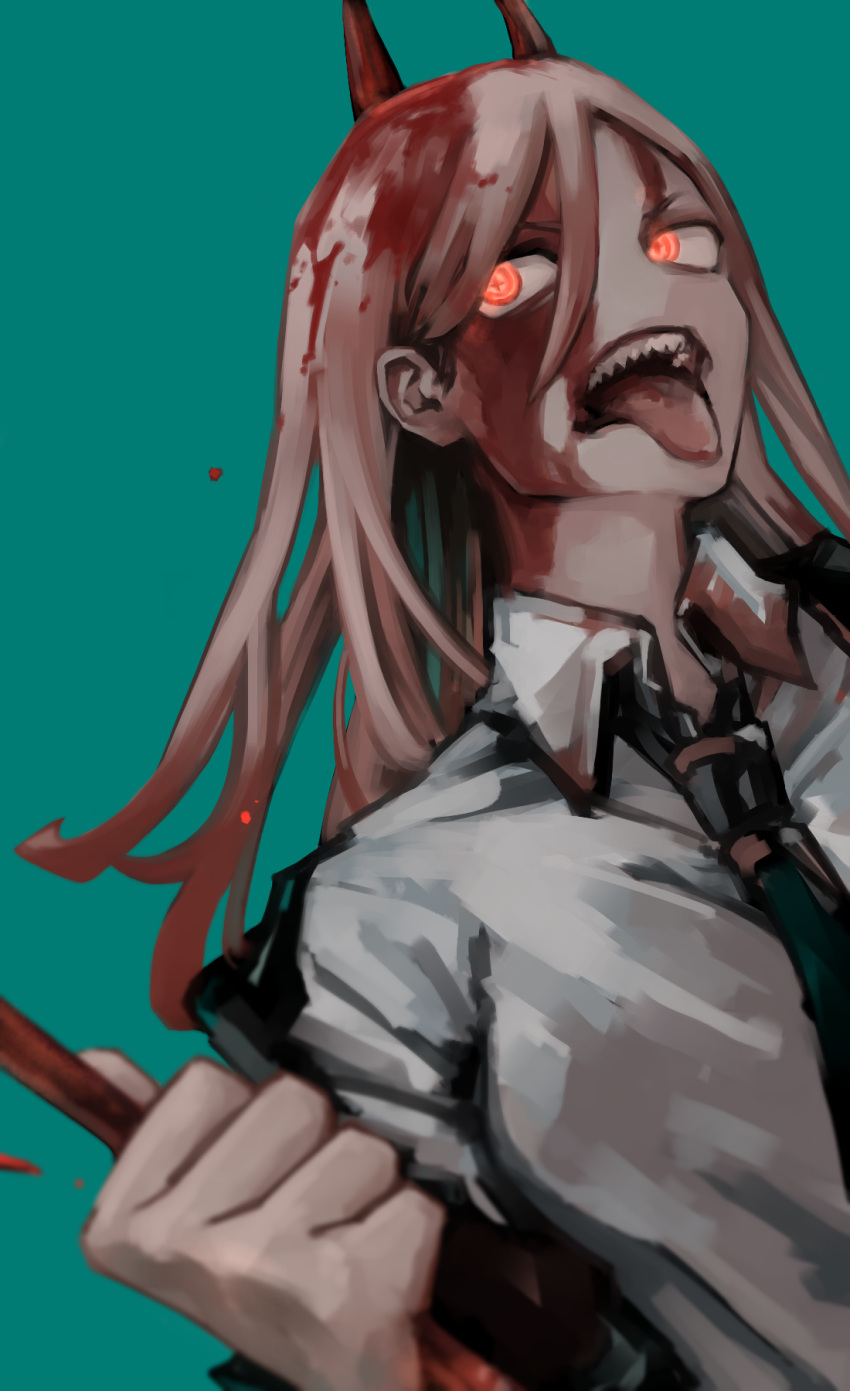 1girl black_necktie blood blood_in_hair blood_on_clothes blood_on_face breasts chainsaw_man collared_shirt green_background highres holding holding_weapon long_hair looking_to_the_side medium_breasts nakano_(2_mannaka) necktie open_mouth pink_hair power_(chainsaw_man) sharp_teeth shirt simple_background solo teeth weapon white_shirt yellow_eyes