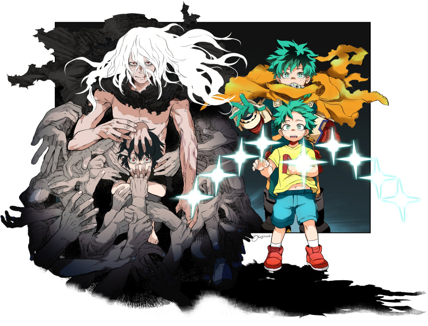 4boys absurdres aged_down arm_grab bangs black_cape blue_shorts bodysuit boku_no_hero_academia cape closed_mouth covered_mouth diffraction_spikes fingernails floating_cape floating_clothes floating_hair freckles gloves green_bodysuit green_eyes green_gloves green_hair hatching_(texture) highres holding_another's_arm knees_to_chest long_hair looking_at_viewer male_child male_focus messy_hair midoriya_izuku mole mole_under_mouth multiple_boys multiple_hands navel no_shirt official_alternate_costume open_mouth otogino31 outside_border red_eyes red_footwear scar scar_across_eye scar_on_face scar_on_mouth shadow shigaraki_tomura shirt short_hair short_sleeves shorts sitting socks spoilers torn_cape torn_clothes two-tone_gloves veins white_hair white_socks yellow_cape yellow_shirt
