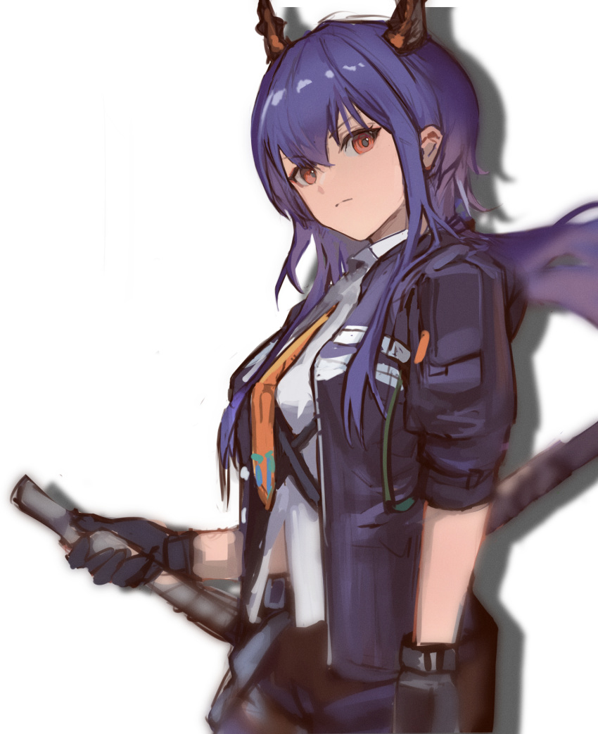 1girl arknights bangs black_gloves black_jacket ch'en_(arknights) closed_mouth dragon_horns gloves grey_background highres holding holding_sword holding_weapon horns jacket long_hair looking_at_viewer low_ponytail necktie open_clothes open_shirt orange_necktie purple_hair red_eyes shijiubashuazi shirt sidelocks simple_background solo sword twintails weapon white_shirt