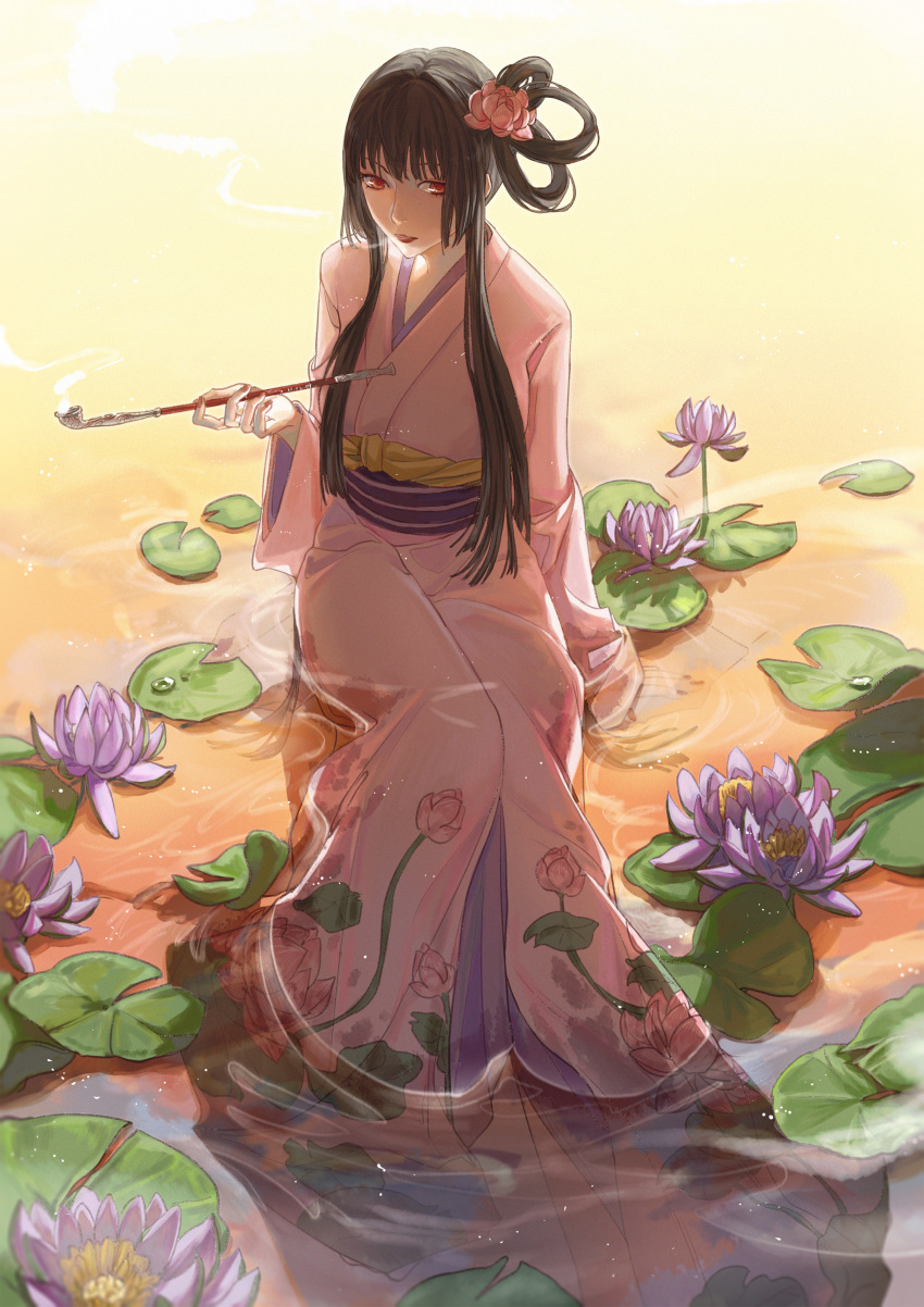 1girl absurdres arm_at_side arm_support backlighting bangs black_hair blowing_smoke blunt_bangs breasts cemony dew_drop feet_out_of_frame floral_print flower hair_flower hair_ornament hair_rings hand_up highres holding holding_smoking_pipe ichihara_yuuko japanese_clothes kimono kiseru lily_pad long_sleeves looking_at_viewer lotus nature obi parted_lips partially_submerged pink_flower pink_kimono pond purple_flower red_eyes red_lips red_nails sash sidelocks sitting smoke smoking smoking_pipe solo twilight updo water water_drop water_lily_flower wet wet_clothes