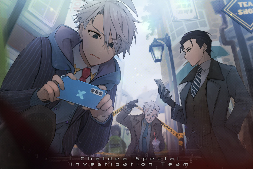 3boys ahoge black_gloves black_hair cellphone cigarette contemporary cup disposable_cup facial_hair fate/grand_order fate_(series) formal gloves grey_hair hand_in_pocket highres hood james_moriarty_(archer)_(fate) james_moriarty_(ruler)_(fate) multiple_boys mustache necktie phone sherlock_holmes_(fate) smartphone striped_necktie suit taking_picture tia_(cocorosso) trench_coat